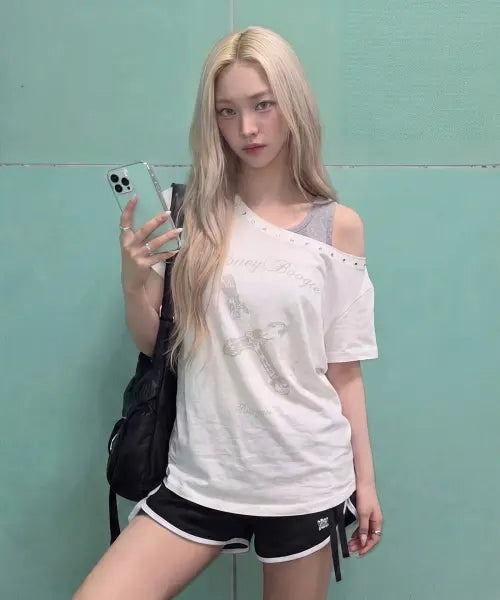 [DAUSPICE] (DUC) BB Layered One-Shoulder T-Shirt White