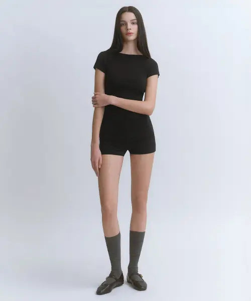 [MUSINSA STANDARD WOMAN] Women's Slim Boat Neck Cap Sleeve T-Shirt [Black] / 우먼즈 슬림 보트 넥 캡 슬리브 티셔츠 [블랙]