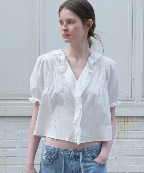 [FRIVER07] Ruffle shirring crop blouse [FRSP06BL04]_Ivory