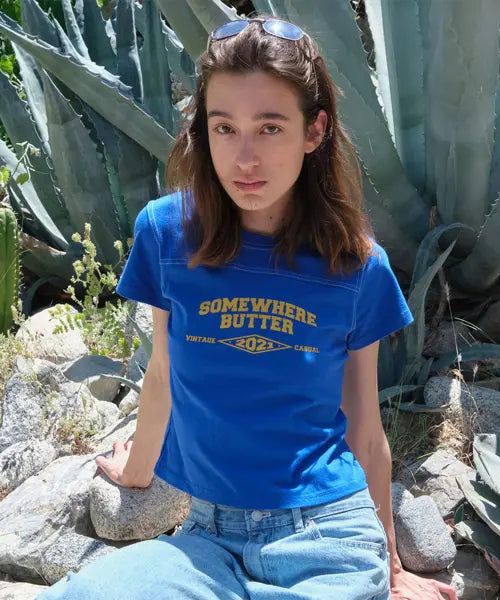 [SOMEWHEREBUTTER] Stitch Square Logo Top - Cobalt Blue