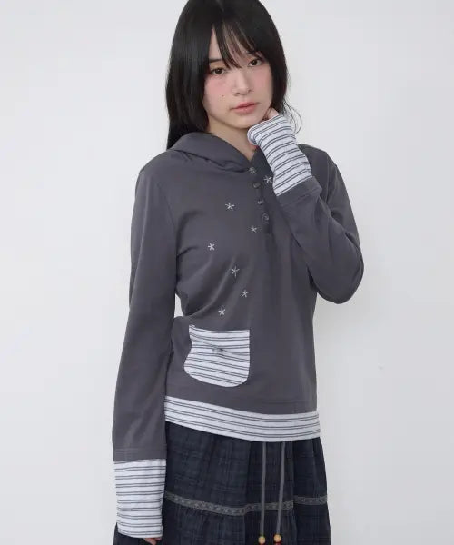 [BAUF] Layered Pocket Hoodie T-Shirt [Charcoal] / 레이어드 포켓 후드 티셔츠 [차콜]