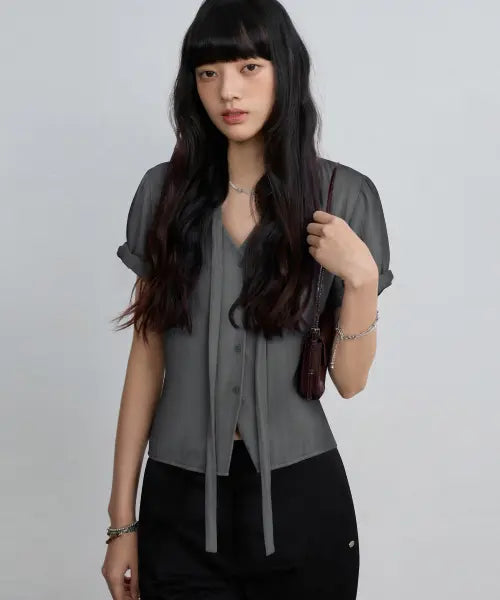 [EUGGEN] SOFT TIE BUTTON BLOUSE_CHARCOAL GRAY / 소프트 타이 버튼 블라우스_차콜 그레이
