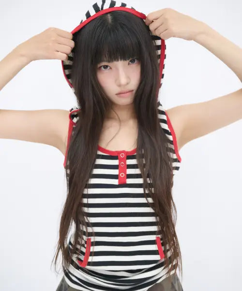 [ITZAVIBE] STRIPE HENLEY HOOD SLEEVELESS - BLACK