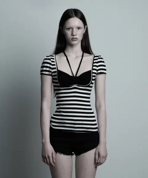 [ILLIO] Black stripe Giselle gathered top / Black stripe Giselle gathered top(Small)