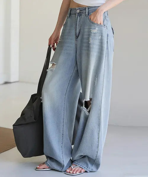 [FRENCHCHIC] Kerone Damage Washing Curve Line Wide Denim Pants / 케론 데미지 워싱 커브라인 와이드 데님팬츠_F6H479DP