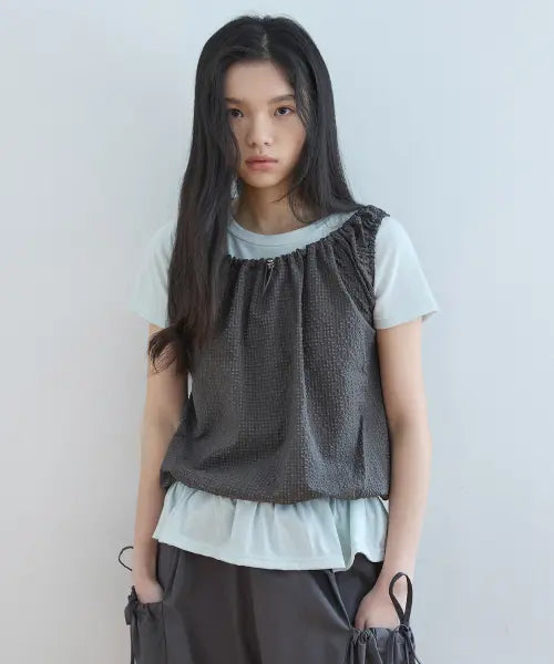 [COMONINOZ] W CALM CHECK BLOUSE SET [DEEP GRAY]