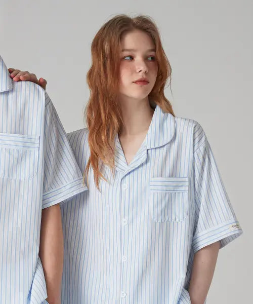 [DOSSY] Silk Fit Ripple Short Sleeve Pajama Set (2 Set) / [2SET] 실크핏 리플 반팔 커플 잠옷 세트