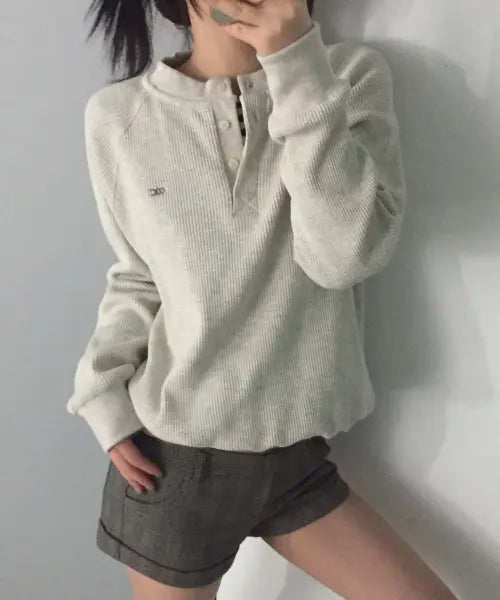 [CHICKS] Waffle Henely Neck Sweatshirt Oatmeal / 와플 헨리넥 맨투맨 오트밀