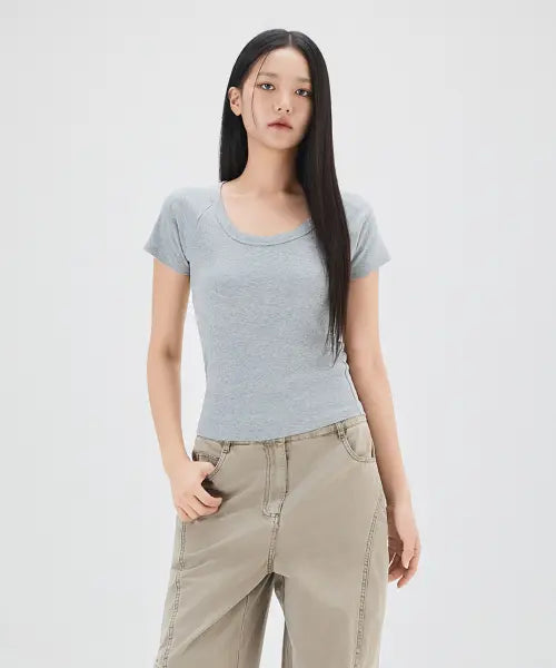 [MIXXO] Ribbed U-Neck Short Sleeve T-Shirt / 골지 U넥 반팔 티셔츠_MIWHWG410A