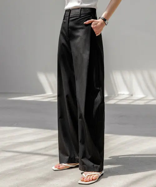 [FRENCHCHIC] Belle Epoque Folding Pin-tuck Stripe Wide Slacks / [인생360] [3단기장] 벨에포크 폴딩핀턱 스트라이프 와이드 슬랙스_F6S238SL