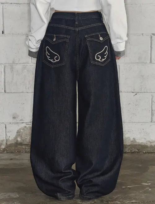 [LOOXP] Angel Wing Washing Back Pocket Balloon Wide Denim Pants / 엔젤 윙 워싱 백포켓 벌룬 와이드 데님 팬츠 생지