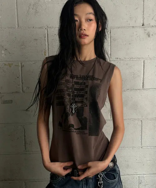 [AAKAM] Smashed Guitar Sleeveless (Brown)