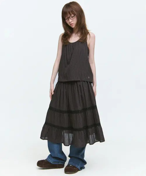 [SOME PLACE] Check Mix Lace Volume Flare Kang-Kang Shirring Sleeveless Layered Long Dress [Brown] / 체크 믹스 레이스 볼륨 플레어 캉캉 셔링 나시 레이어드 롱 원피스 [브라운]