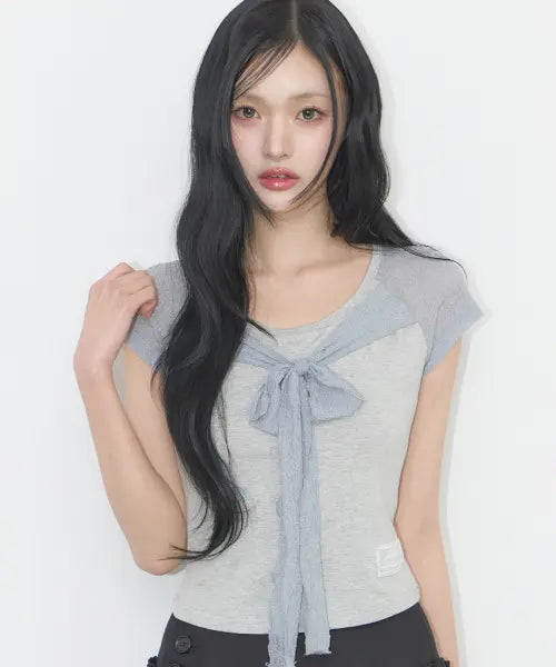 [ILLIGO] LACE RIBBON COLOR-BLOCK T-SHIRT MELANGE / 레이스 리본 배색 티셔츠 멜란지