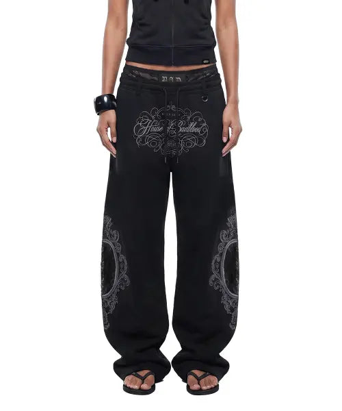 [BADBLOOD] H.B.B. Royal Lace Rhinestone Lightweight Jogger Pants - Black / H.B.B. 로얄 레이스 라인스톤 라이트웨이트 조거 팬츠 - 블랙