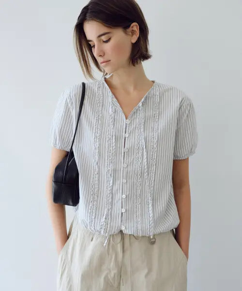 [URAGO] Stripe frill blouse