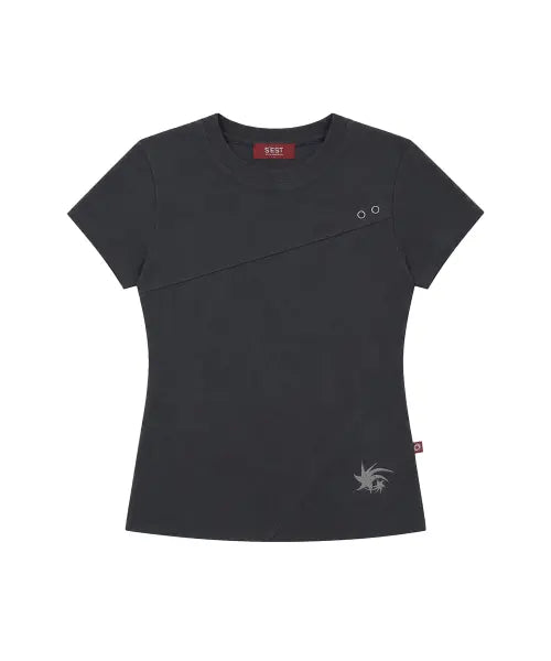 [S'EST] Crop Eyelet Cut-out T-shirts Charcoal