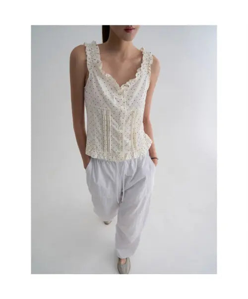 [8SECONDS] Dot Frill Sleeveless Top Ivory / 도트 프릴 슬리브리스  아이보리