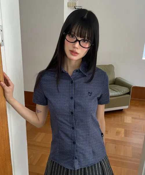 [LMR] Floral Check Slim Short Sleeve Shirt NAVY / 플로럴 체크 슬림 반팔 셔츠 NAVY