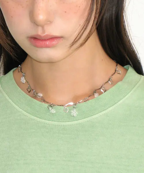 [RONRON] FLOWER HEART WAVE NECKLACE SILVER