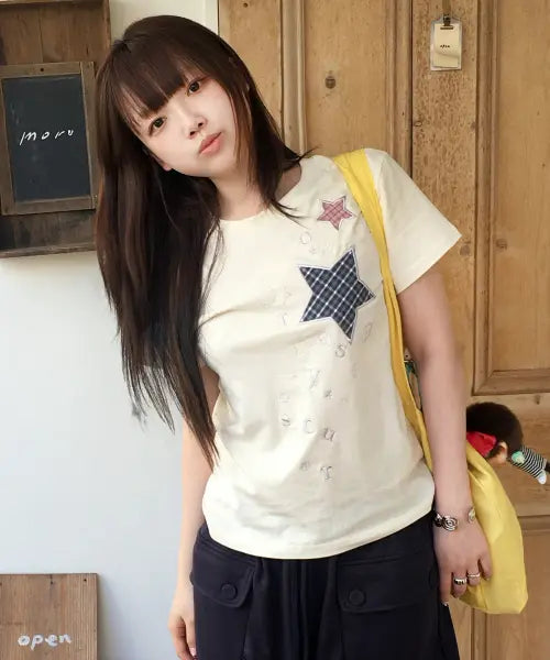 [OURSAYSOUR] Check Appliqué Embroidered Short-Sleeve T-Shirt - Light Yellow / 체크 투스타 아플리케 자수 반팔티 라이트 옐로우