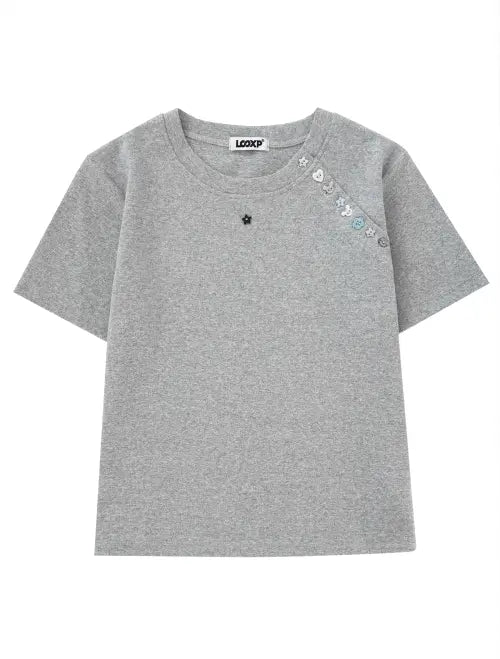 [LOOXP] Mix Button Semi Slim Fit Short Sleeve T-Shirt Grey / 믹스 버튼 세미 슬림핏 반팔티 그레이