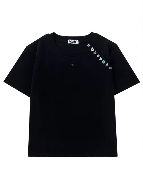 [LOOXP] Mix Button Semi Slim Fit Short Sleeve T-Shirt Black / 믹스 버튼 세미 슬림핏 반팔티 블랙