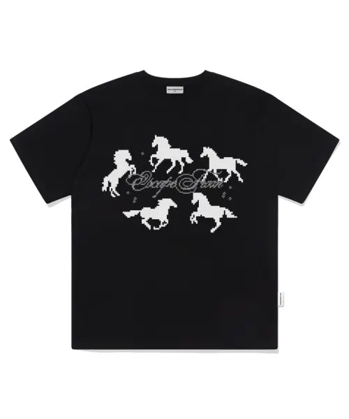 [ESCAPEFROM] Around Horse Print Oversized Short Sleeve T-shirt Black / 어라운드 홀스 프린트 오버핏 반팔티 블랙