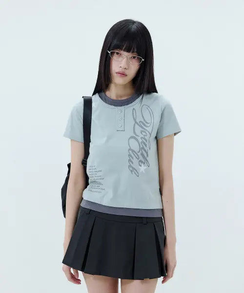 [ODDSTUDIO] Cutoff Star Layered Henley Neck Graphic T-shirt - MISTY MINT / 컷오프 스타 레이어드 헨리넥 그래픽 티셔츠  - MISTY MINT