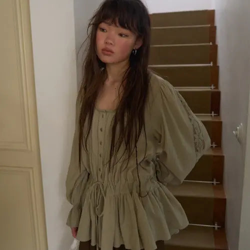 [OURSAALTY] Bohemian Pintuck Mini Dress / Khaki