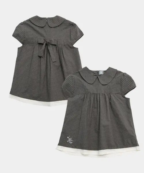 [SOME PLACE] Check Lace Trimmed Sequin Star Print Frill Short Sleeve Blouse Shirt [Grey] / 체크 레이스 배색 스팽글 스타 프린팅 프릴 반팔 블라우스 셔츠 [그레이]