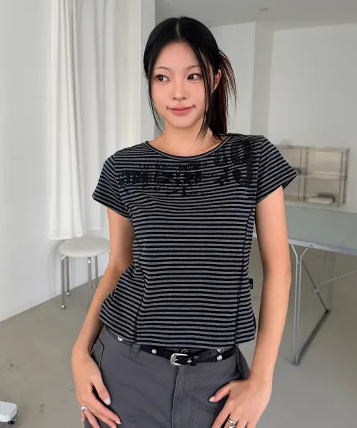[LMR] Stripe Slim Short Sleeve T-Shirt - Grey / 스트라이프 슬림 반팔 티셔츠 GREY