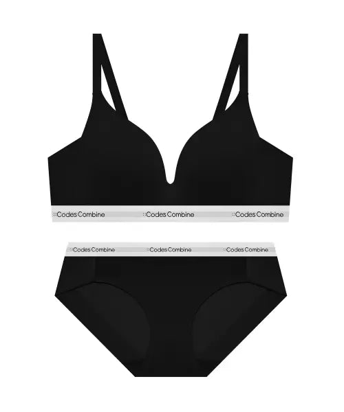 [CODES COMBINE INNERWEAR] Shellon Triangle Fusing Non-wire Bra Panty Set_Black / 쉘론 트라이앵글 퓨징 노와이어 브라 햄팬티 세트_블랙