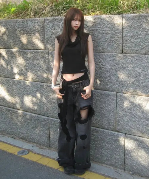 [INEGI] Aged Distressed Denim Pants (black)