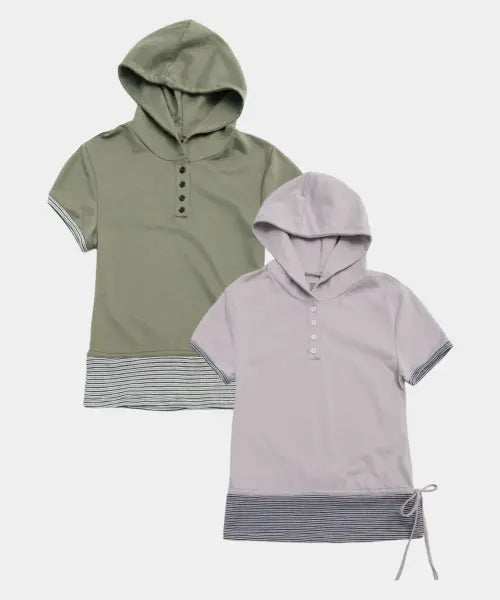 [SOME PLACE] Striped Colorblock Logo Embroidery Loose Fit Hood Basic Short Sleeve T-shirt / 스트라이프 배색 로고 자수 포인트 루즈핏 후드 베이직 반팔 티셔츠  _2COLOR