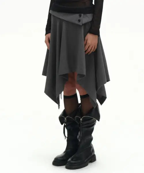 [PLACE STUDIO] Double-Button Drape Layered Midi Asymmetric Flare Skirt / 더블 버튼 드레이프 레이어드 미디 언발란스 플레어 스커트 _2COLOR