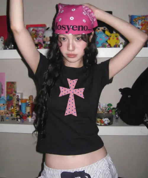 [GRAVER] DOT CROSS Short Sleeve T-Shirt / [UNISEX]DOT CROSS 반팔티_BLACK/PINK LOGO