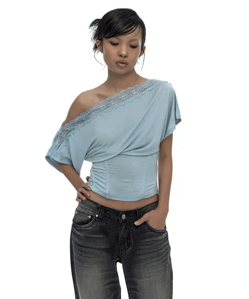 [KASHIKO] Lace One Shoulder Corset Tee Sky Blue