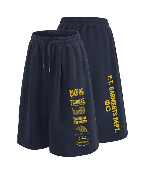 [PRINOAR] Multi Logo Single Pleats Bermuda Shorts - Navy / 멀티 로고 싱글 플리츠 버뮤다 쇼츠 - 네이비