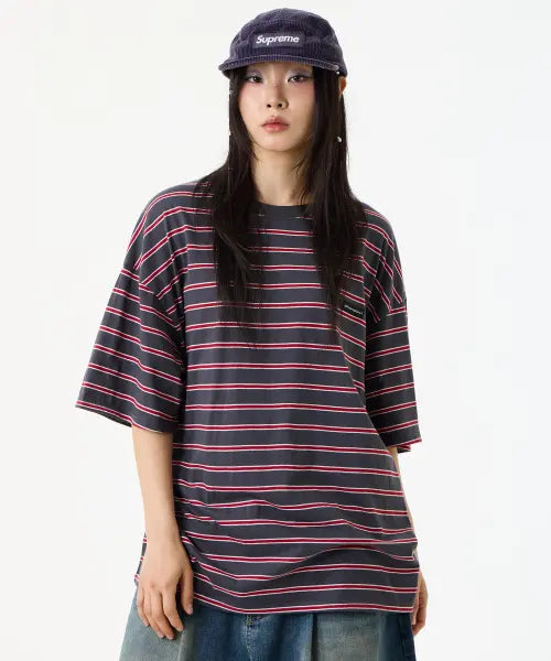[UNKNOWN PLANET] Loose Stripe Half Sleeve Gray / 루즈 스트라이프 하프 슬리브 그레이