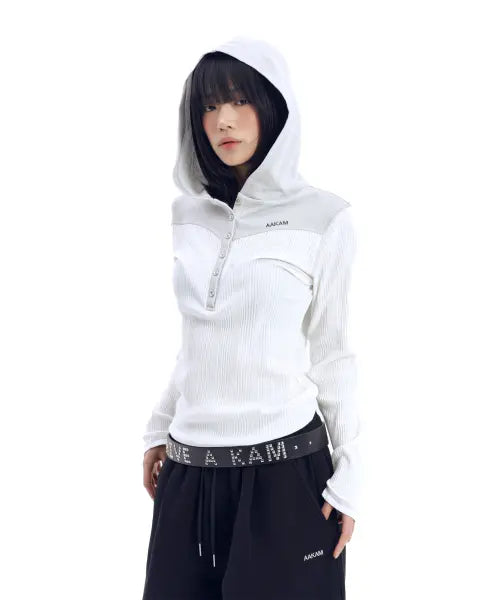 [AAKAM] Ribbed Contrast Button Hoodie (Ivory)