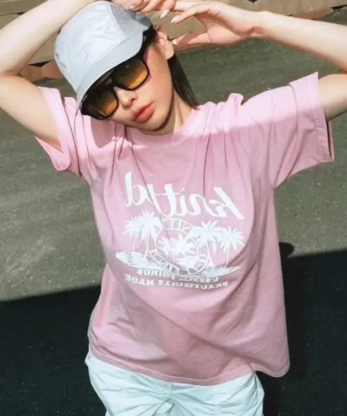 [KNITTED] Unisex Pigment Palm Tree Graphic T-Shirt (Washing Pink) / (UNISEX) 피그먼트 팜트리 그래픽 티셔츠 WASHING PINK