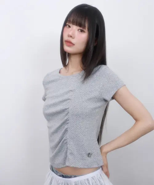 [LMR] Polka Dot Shirred Short Sleeve T-Shirt - Grey / 도트 셔링 반팔 티셔츠 GREY