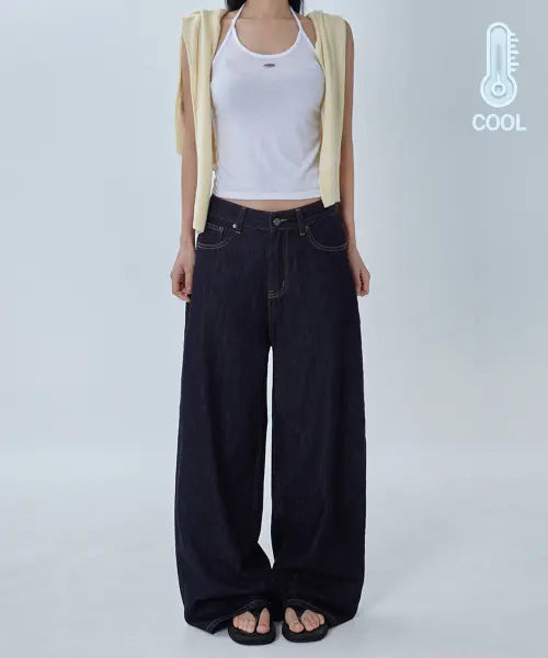 [MILLIONCOR] Summer Non-Fade Dark Wash Loose Wide Denim Pants / [여름원단] 썸머 논페이드 진청 루즈 와이드 데님팬츠