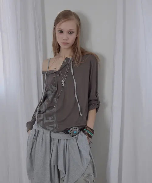 [ASYMMETRY] Asymmetry Henry Long Sleeve Top / Khaki