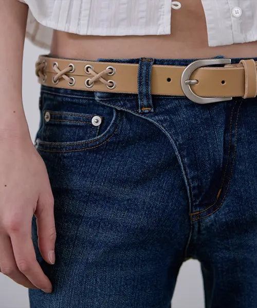 [ORDES] EYELET LACE -UP LEATHER BELT - BEIGE / 아일렛 레이스 업 레더 벨트 - 베이지