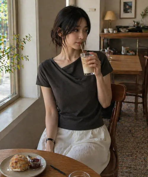 [GENERALIDEA] woman drape shirring half t-shirt [charcoal] / 드레이프 셔링 져지 블라우스 [CHARCOAL] / GF2LTS527