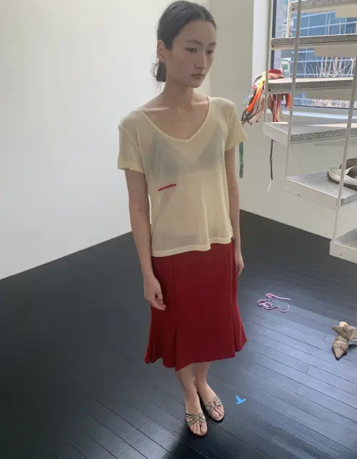[0MILEWEAR] Sheer Red Trim T-shirt (Yellow) / 시어 레드 트림 티셔츠(옐로우)