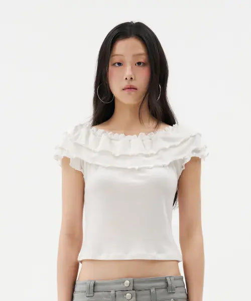 [LOOFUN] Floral Tencel Ruffle Tee [Cream] / Floral Tencel Ruffle Tee / 플로랄 텐셀 러플 티 [Cream]