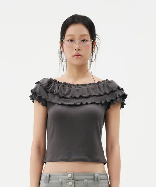 [LOOFUN] Floral Tencel Ruffle Tee [Charcoal] / Floral Tencel Ruffle Tee / 플로랄 텐셀 러플 티 [Charcoal]